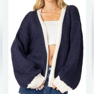Edikted Chunky Knit Cardigan Navy White XS/S